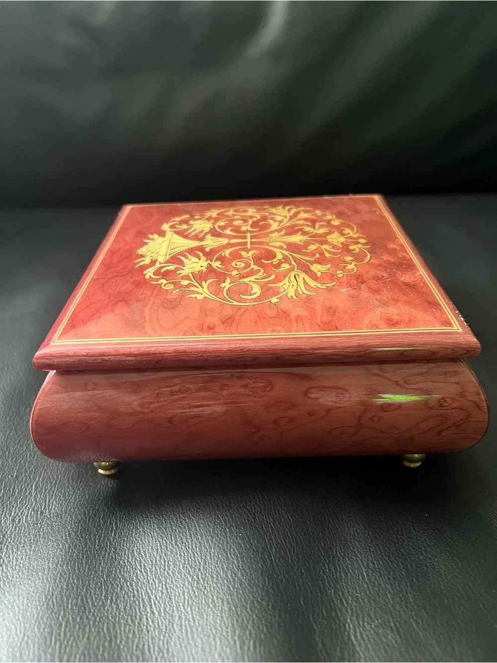 Ornate Red Wood Music Box with Gold Inlay